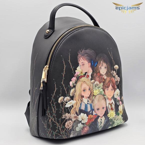 Harry Potter Characters Floral Botanical Group Portrait Black Mini Backpack Bag - Picture 3 of 4